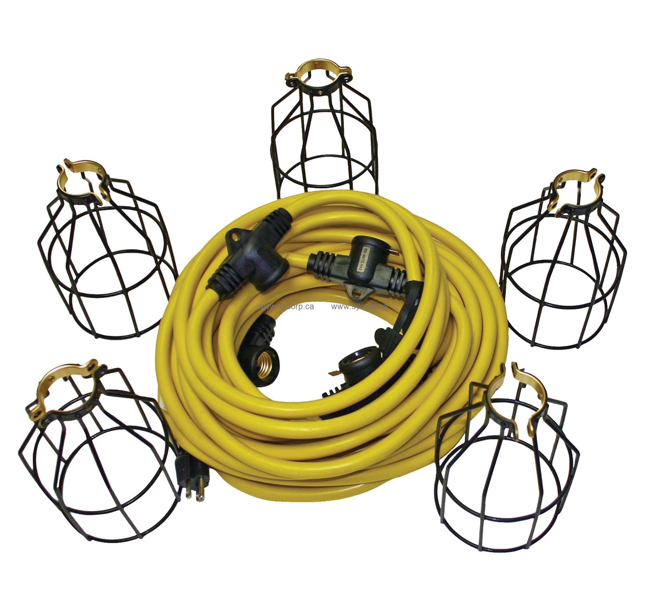 Unex String Work Lights, 50ft, 5 Steel Cage Sockets, 12/3 SJTW Cable,  EC123300-06