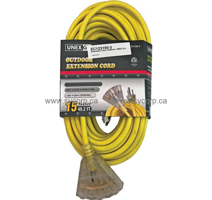 Extension Cord, Outdoor, 12/3 AWG, 15M / 50ft, Triple Outlet, Fantail